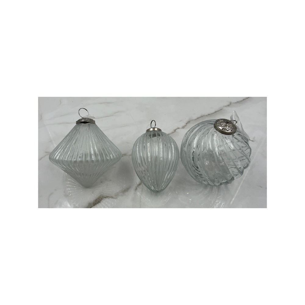 Balsam Hill French Country Jumbo Glass Ornaments Set Clear Ribbed Swirl 4001602